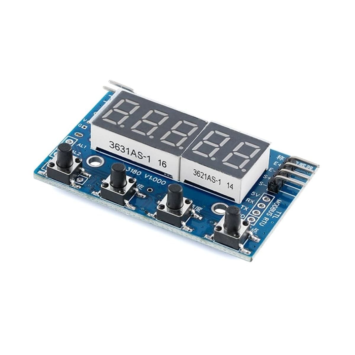 A YR-3180 elölnézeti képe piros méretnyilakkal mutatja a panel szélességét és magasságát. A teljes szélesség 54 mm, a teljes magasság 34 mm. A középső ötdigites kijelző alatt négy kezelőgomb található, a jobb oldalon pedig mérlegcella és TTL Modbus RTU csatlakozások láthatók. A bal felső részen +5V és GND tápjelölés szerepel. A méretinformáció saját mérleg, vezérlődoboz vagy 3D nyomtatott burkolat tervezésekor közvetlenül használható.
