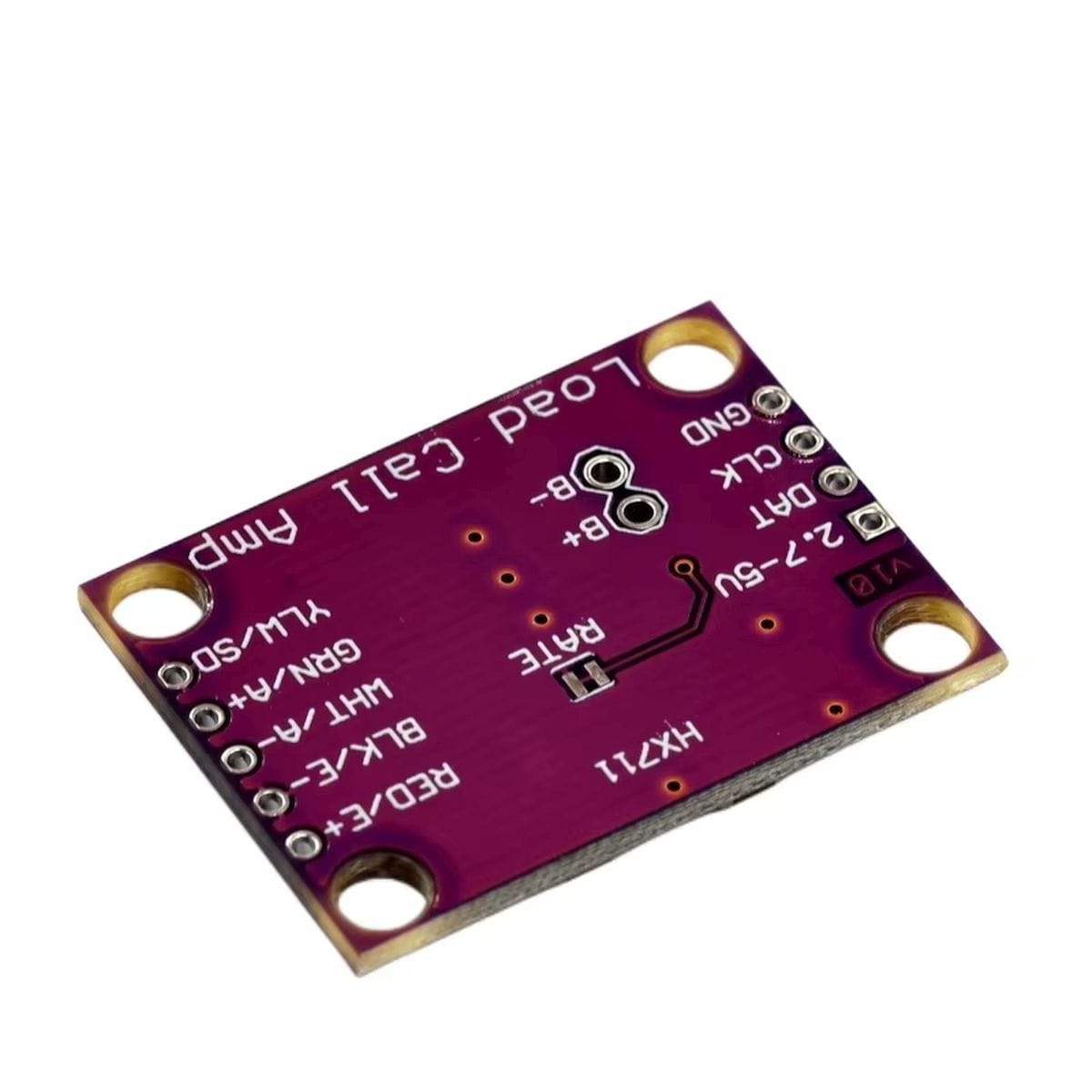 Lila nyomtatott áramköri modul HX711 24 bites analóg-digitális átalakítóval, mérlegcella csatlakoztatására szolgáló pontokkal, digitális vezérlőkapcsolattal, felületszerelt alkatrészekkel és négy jól látható rögzítőfurattal.