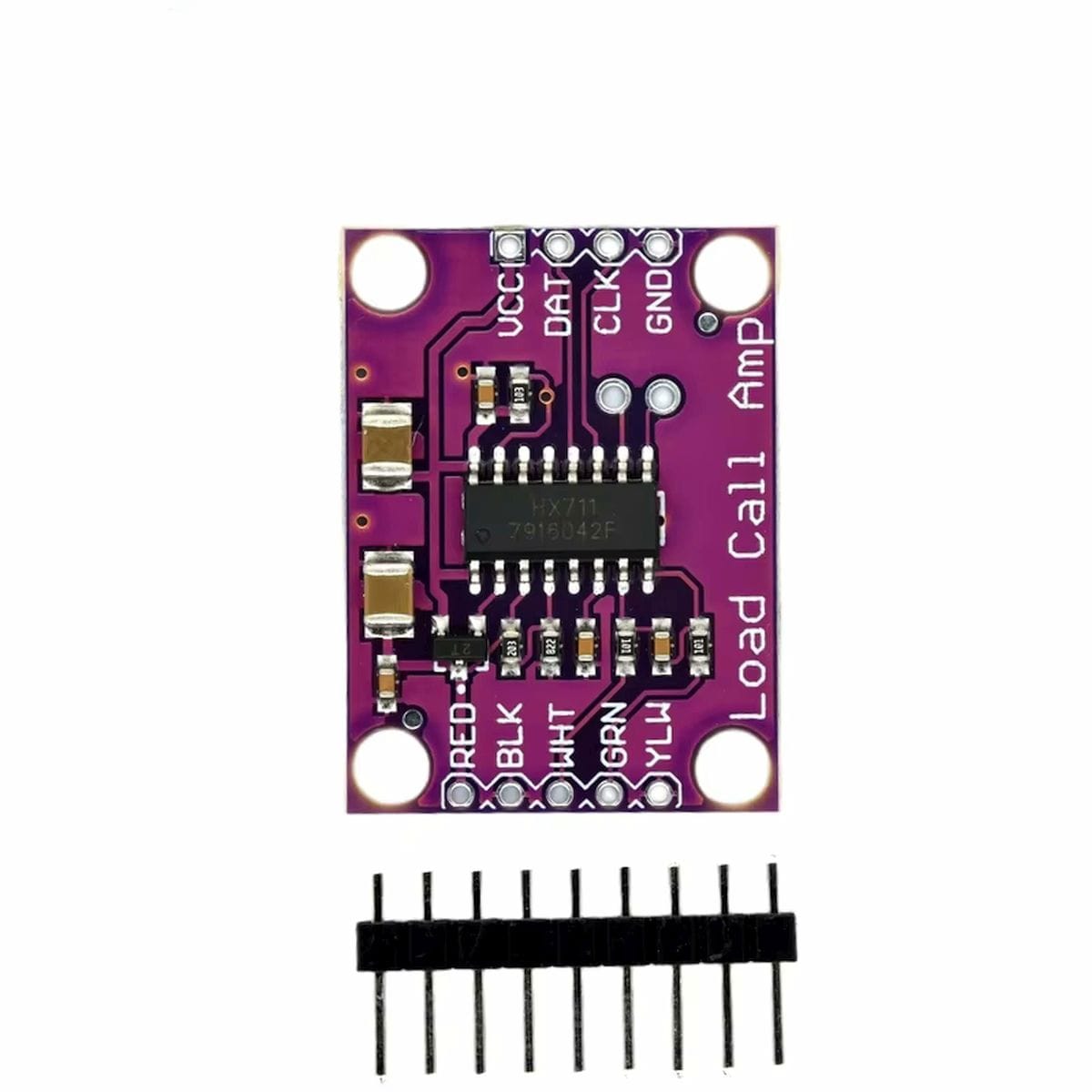 Kompakt lila HX711 ADC panel mérlegcellákhoz, középen fekete integrált áramkörrel, körülötte apró elektronikai alkatrészekkel, több bekötési ponttal és négy rögzítésre használható furattal.