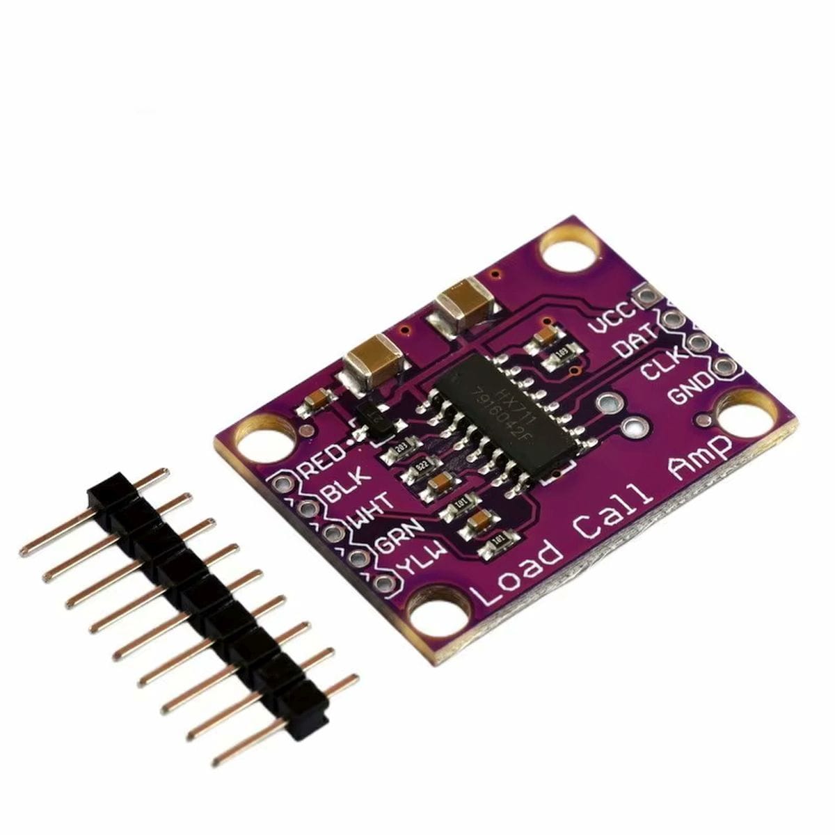 Lila HX711 24 bites ADC modul központi integrált áramkörrel, SMD alkatrészekkel, csatlakozófuratokkal és négy sarokfurattal, mérlegcellás súlyméréshez és mikrokontrolleres mérleg építéséhez használható kompakt elektronikai panel.