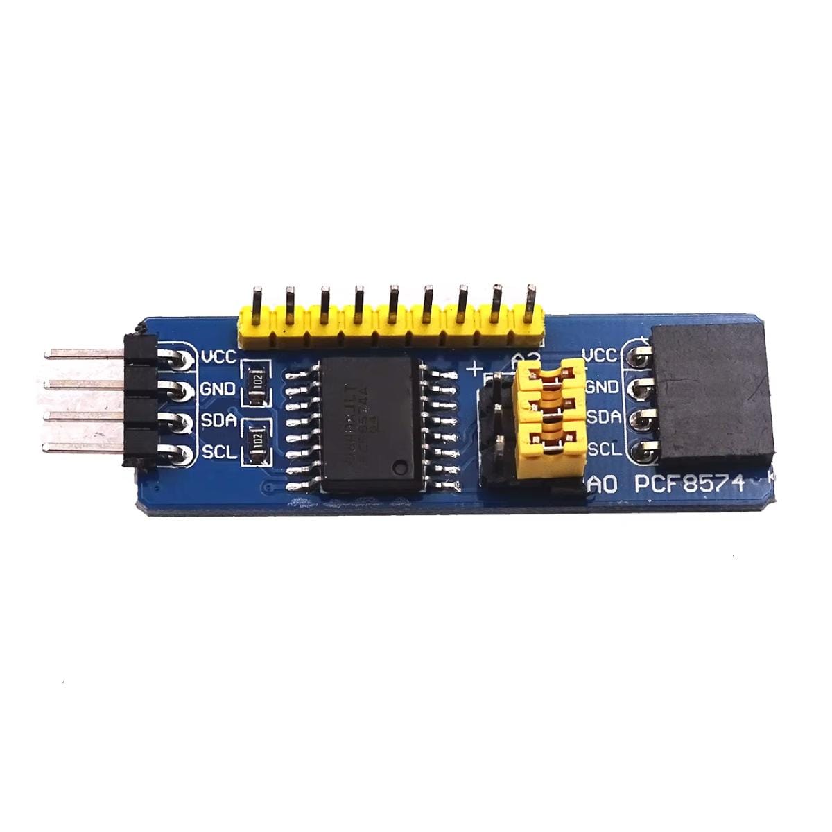 PCF8574 kompatibilis, nyolc I/O vonalas I2C bővítőpanel digitális perifériák csatlakoztatásához, állítható címmel, 3,3–5 voltos mikrokontrolleres vezérlésekhez és Arduino alapú elektronikai projektekhez.