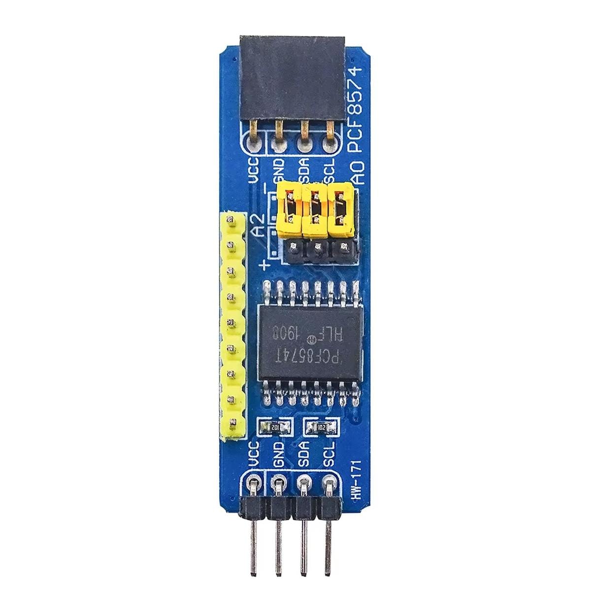 Nyolccsatornás PCF8574 I2C portbővítő modul mikrokontrolleres kapcsolásokhoz, digitális bemenetek és kimenetek számának növelésére, címezhető kialakítással Arduino, AVR, PIC és ARM alapú fejlesztésekhez.