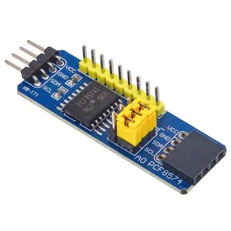 I2C buszra csatlakoztatható PCF8574/HLF8574 I/O bővítő nyolc digitális csatornával, mikrokontroller portjainak növelésére, többmodulos címezhető kapcsolásokhoz, Arduino és egyéb beágyazott elektronikai fejlesztésekhez.