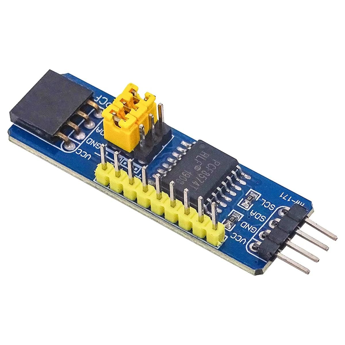 Nyolc digitális portot biztosító PCF8574 I2C bővítőmodul mikrokontrolleres áramkörökhöz, állítható buszcímmel és csatlakozós kialakítással Arduino projektek, vezérlések és elektronikai prototípusok I/O bővítésére.