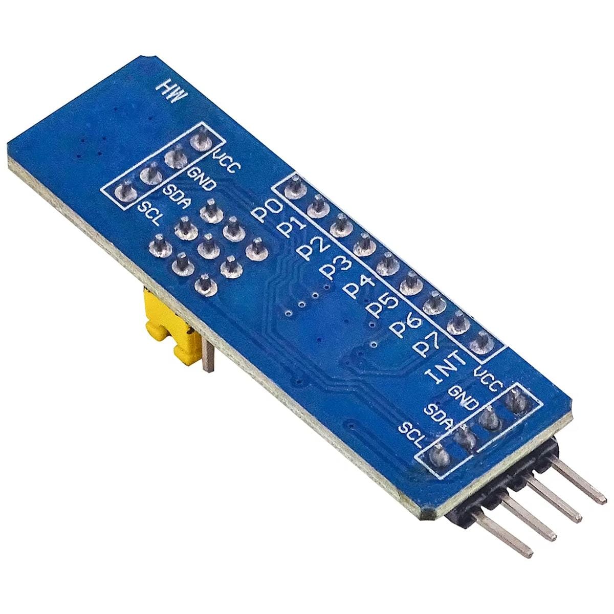 PCF8574 vagy HLF8574 alapú nyolccsatornás I/O portbővítő modul, I2C buszos Arduino, AVR, PIC vagy ARM alapú mikrokontrolleres vezérlések digitális ki- és bemeneteinek bővítéséhez.