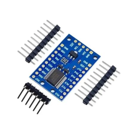 PCF8575 16 bites I²C portbővítő modul három mellékelt tüskesorral, P00–P17 portokkal, valamint INT, SCL, SDA, VCC és GND csatlakozásokkal.