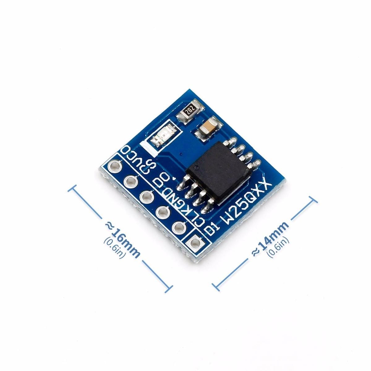 W25Qxx SPI Flash memória modul méretjelöléssel, körülbelül 16 × 14 milliméteres kék NYÁK-lappal, kompakt mikrokontrolleres és beágyazott elektronikai beépítéshez.