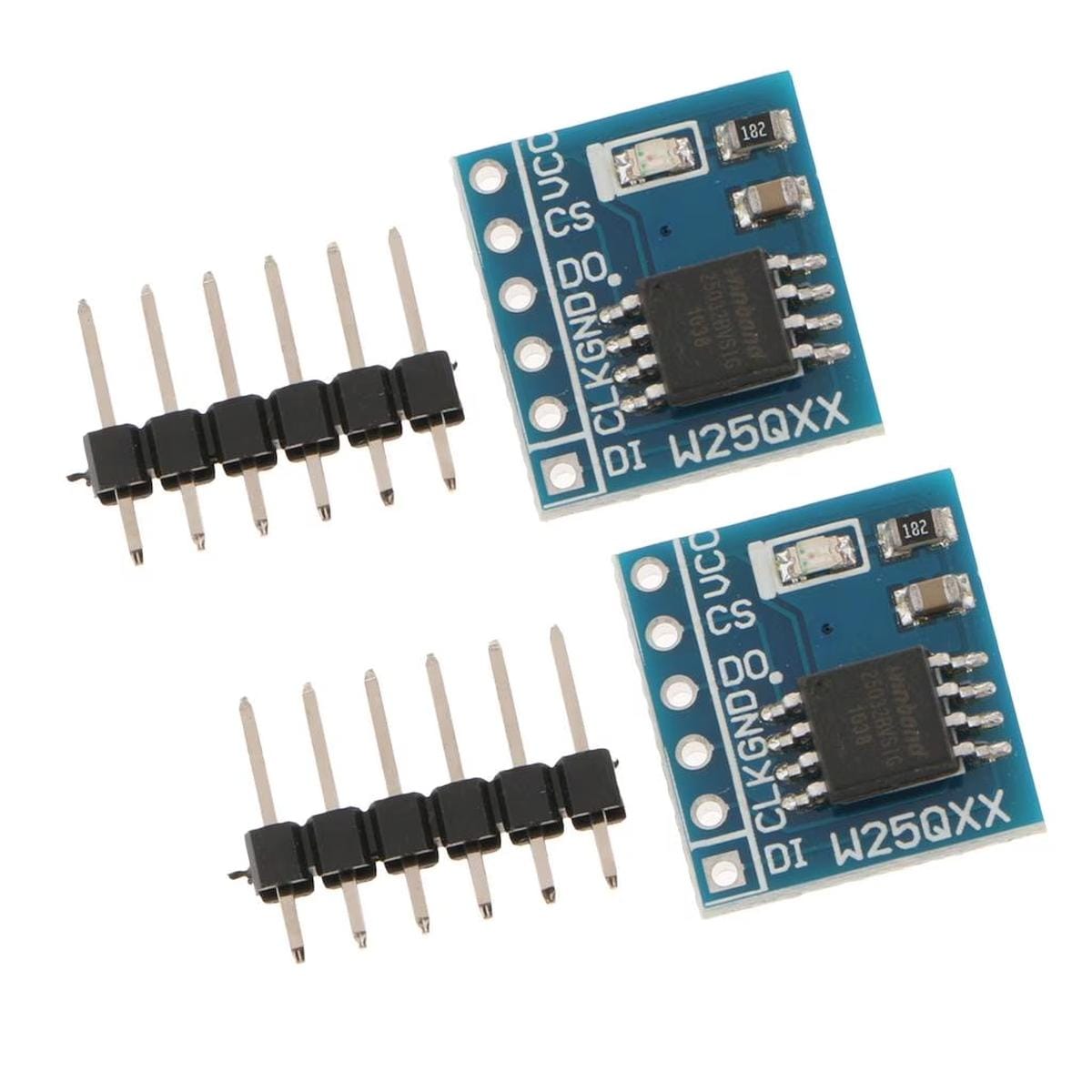 Két W25Qxx SPI Flash memória modul és két külön tüskesor látható, a kis kék panelek elrendezését és csatlakozási kialakítását szemléltetve.
