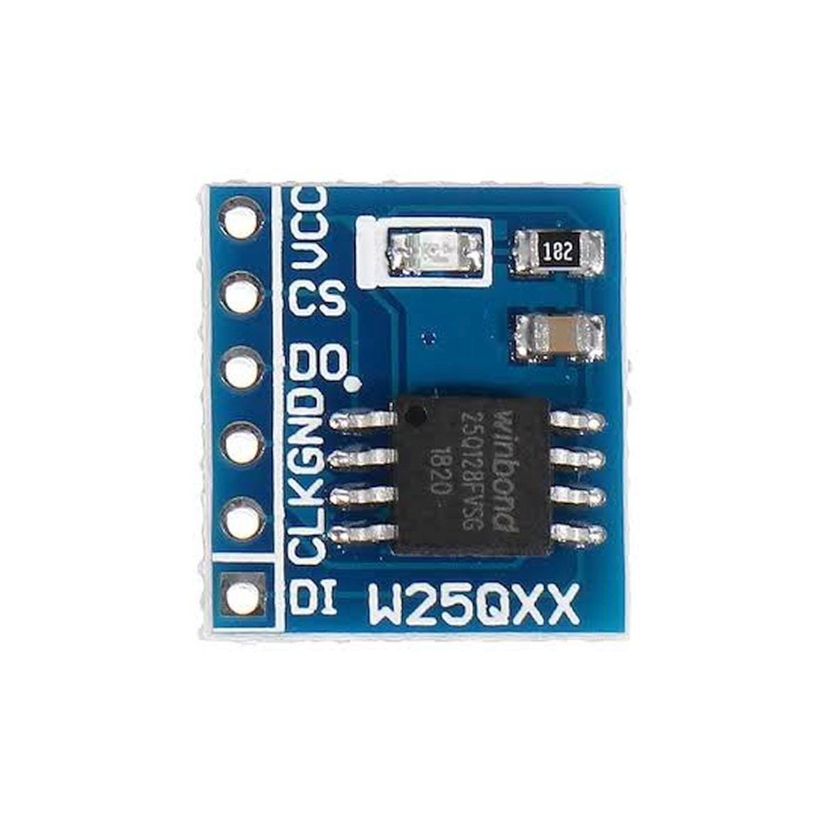 W25Q128 SPI Flash memória modul felülnézetben, nyolclábú memóriachippel, LED-del, SMD alkatrészekkel és VCC, CS, DO, GND, CLK, DI csatlakozásokkal.