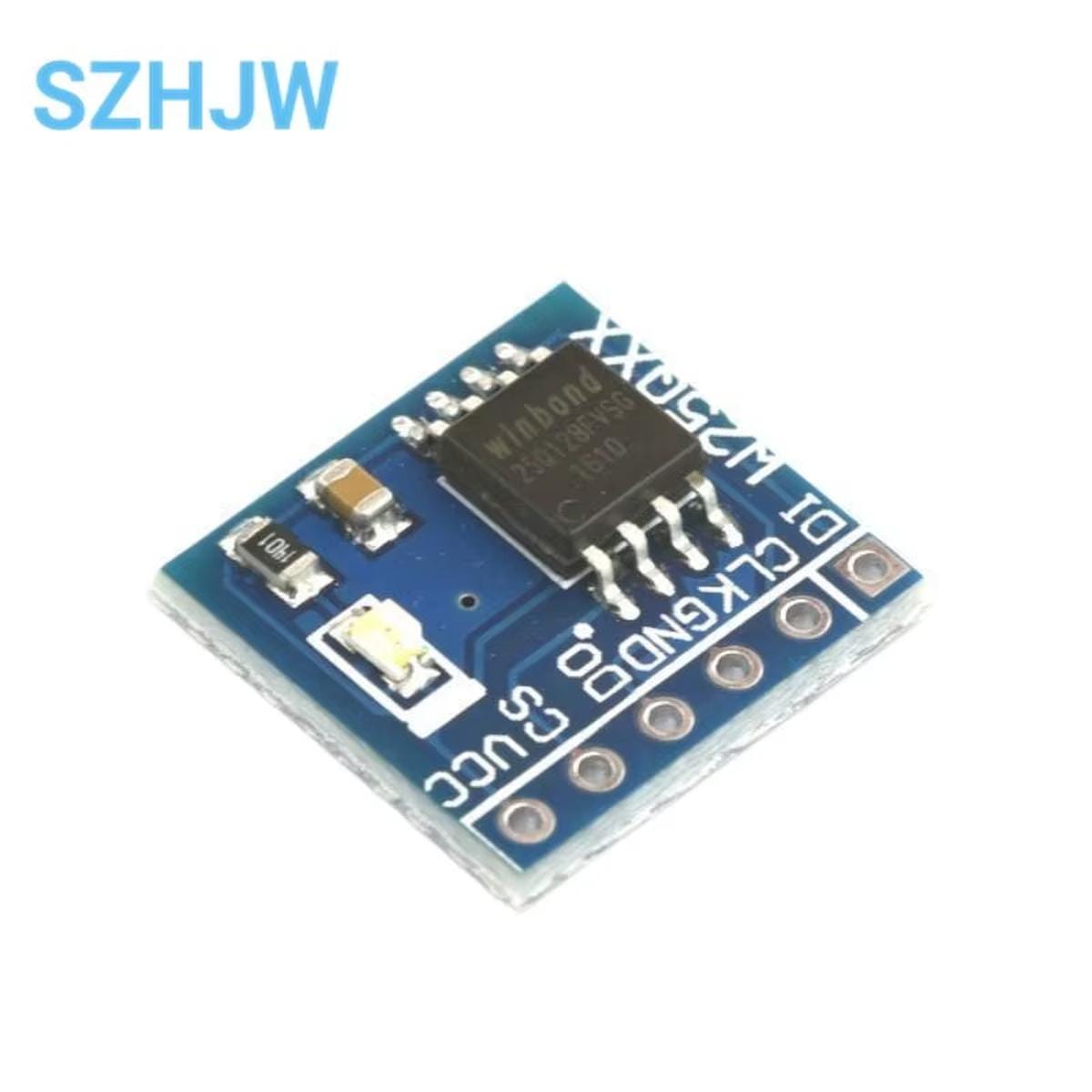 W25Q128 SPI Flash memóriachip közelről kék hordozópanelen, LED-del és SMD alkatrészekkel, hatoldali csatlakozással mikrokontrolleres külső memória kialakításához.