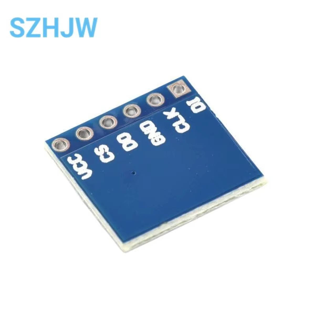 W25Q128 SPI Flash memória modul hátoldala ferde nézetből, hat forrasztási ponttal és VCC, CS, DO, GND, CLK, DI feliratokkal bekötéshez.