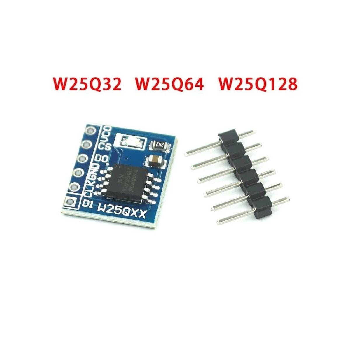 Kék W25Qxx SPI Flash memória modul tüskesorral, fölötte W25Q32, W25Q64 és W25Q128 jelölésekkel, mikrokontrolleres külső memória alkalmazások szemléltetésére.