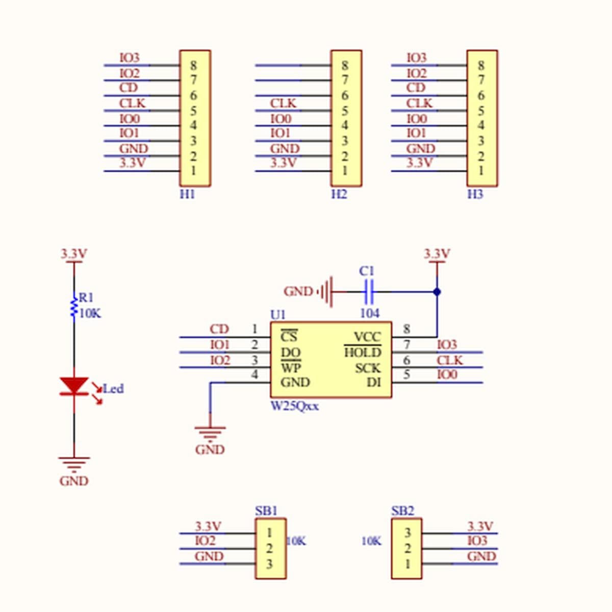W25Qxx SPI Flash memória modul kapcsolási rajza 3,3 voltos tápellátással, CS, CLK, adatvonalakkal, LED áramkörrel és kivezetési pontokkal mikrokontrolleres tervezéshez.