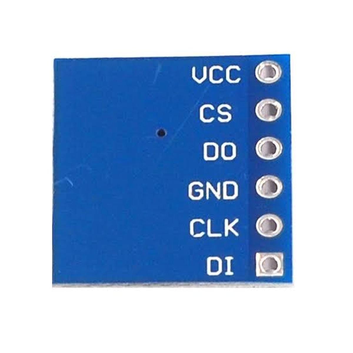 W25Q128 SPI Flash memória modul kék NYÁK-lapjának hátoldala, VCC, CS, DO, GND, CLK és DI jelölésű csatlakozási pontokkal mikrokontrolleres bekötéshez.