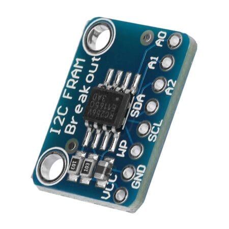Egy MB85RC256V FRAM memóriamodul látható I2C breakout board formában, integrált felhúzóellenállásokkal és tápszűréssel. A kompakt elektronikai panel ideális Arduino és mikrokontroller alapú adatnaplózási projektekhez. Nagy sebességű, nem felejtő memória megoldás beágyazott rendszerekhez.