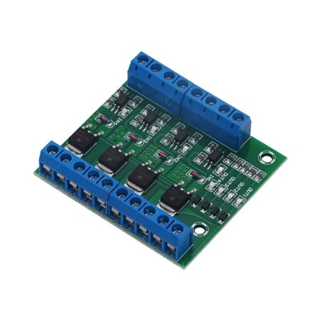 Nagy teljesítményű IRF540 MOSFET vezérlőpanel négy független csatornával Arduino projektekhez. A modul PWM és DC terhelésvezérlésre alkalmas elektronikai fejlesztésekben.