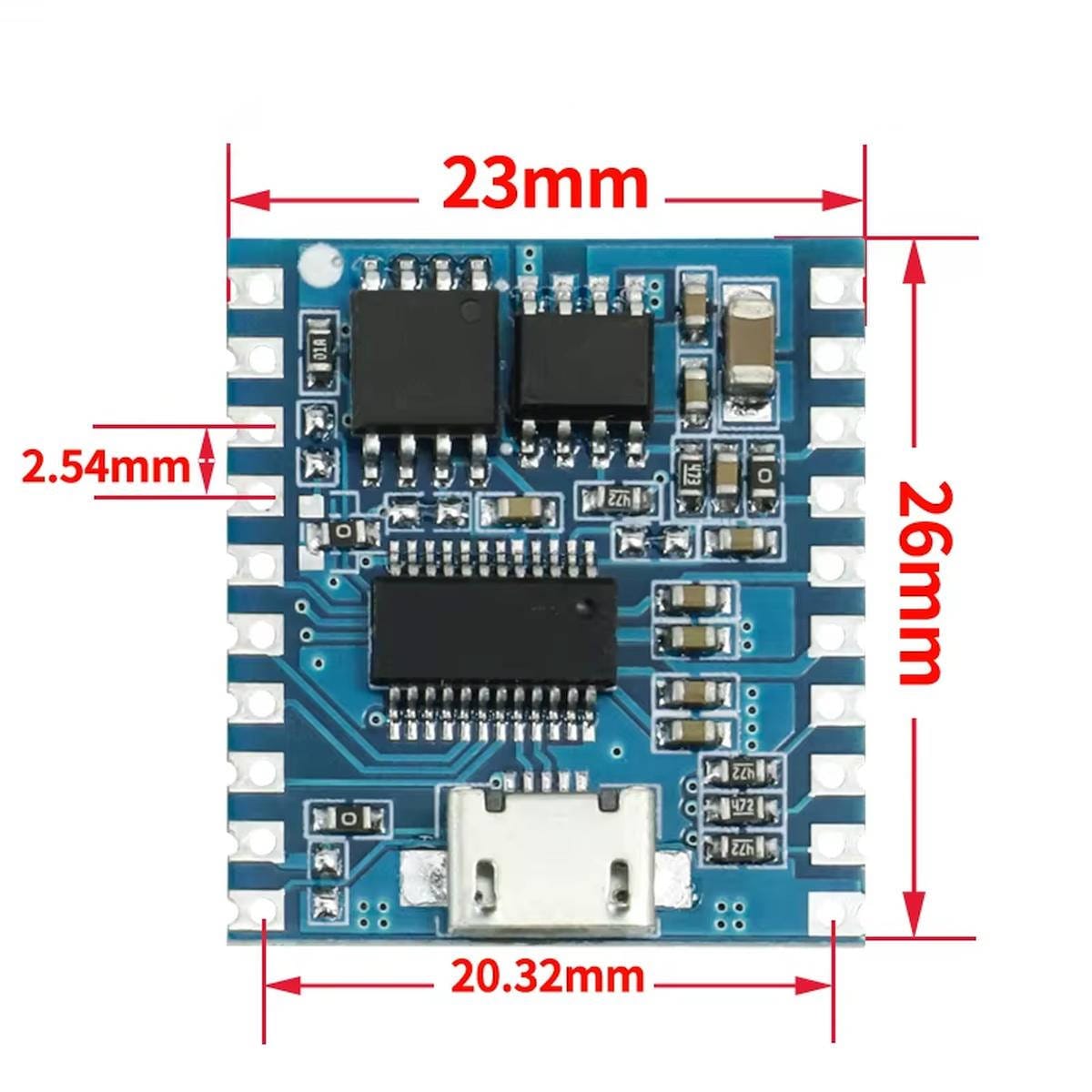 DY-SV19R MP3 lejátszó modul méretábrája 23 × 26 milliméteres panellel, 20,32 milliméteres alsó szélességgel, 2,54 mm raszterrel és 2 grammos tömeggel.