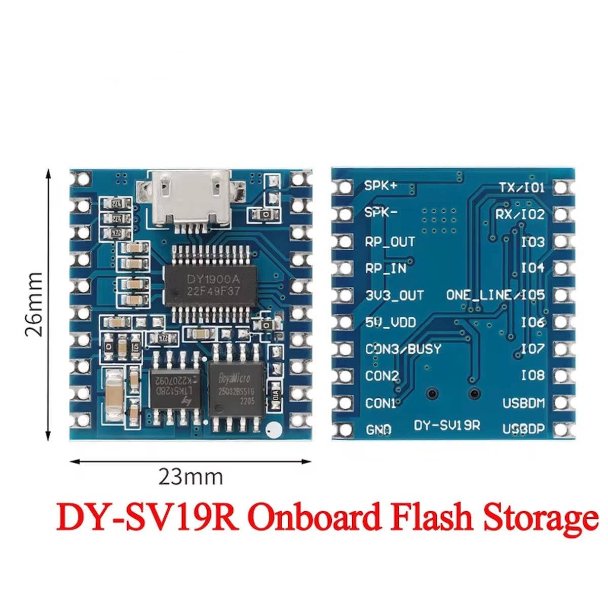 DY-SV19R beépített flashmemóriás MP3 modul elő- és hátoldala 23 × 26 milliméteres mérettel, micro USB csatlakozóval és jelölt csatlakozópontokkal.