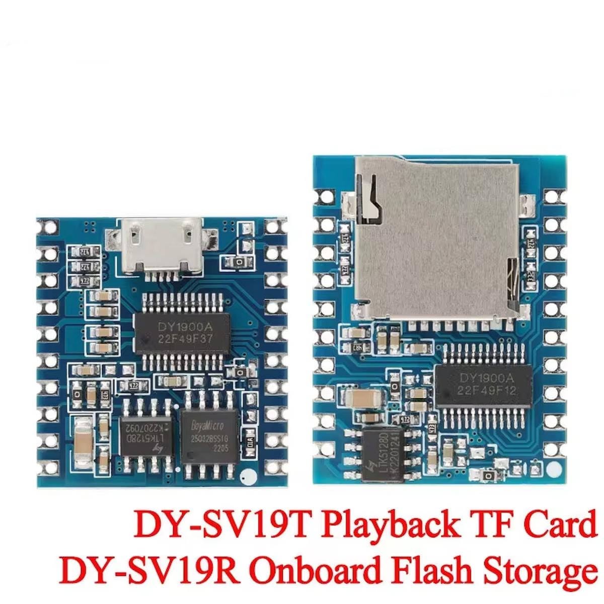 DY-SV19R beépített flashmemóriás és DY-SV19T TF-kártyás MP3 lejátszó modul egymás mellett, kék NYÁK-kal, micro USB csatlakozóval és vezérlőáramkörökkel.