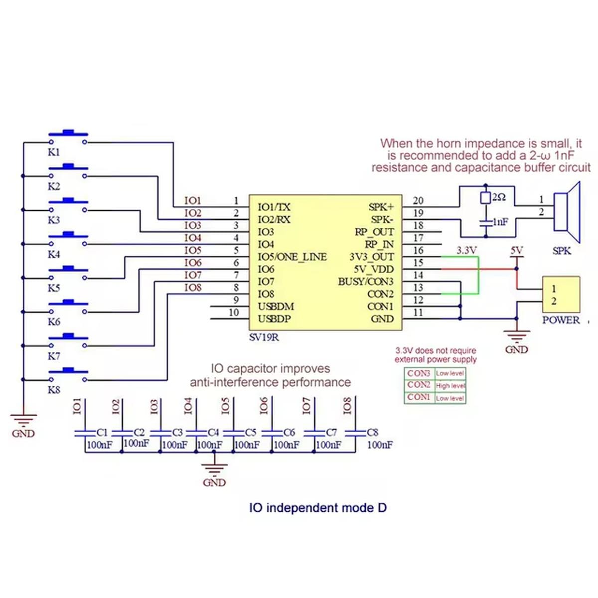 DY-SV19R MP3 lejátszó modul IO vezérlési kapcsolási rajza nyolc nyomógombbal, 5 V tápellátással, hangszórócsatlakozással és zavarszűrő kondenzátorokkal.