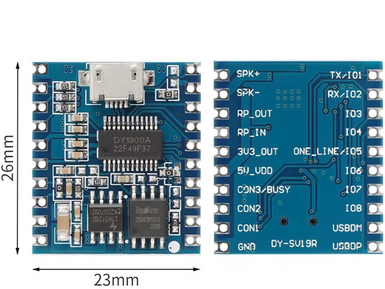 DY‑SV19R MP3 lejátszó modul 4MB beépített flash memóriával, USB feltöltéssel és mikrokontrolleres (pl. Arduino) vezérlési lehetőséggel.
