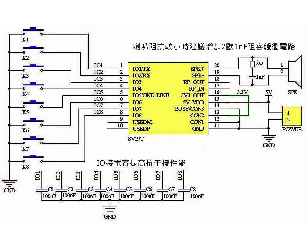 Egy DY-SV19T MP3 lejátszó modul TF kártya nyílással és 5W-os erősítővel, mikrokontrolleres hangvezérléshez, például Arduino projektekhez.