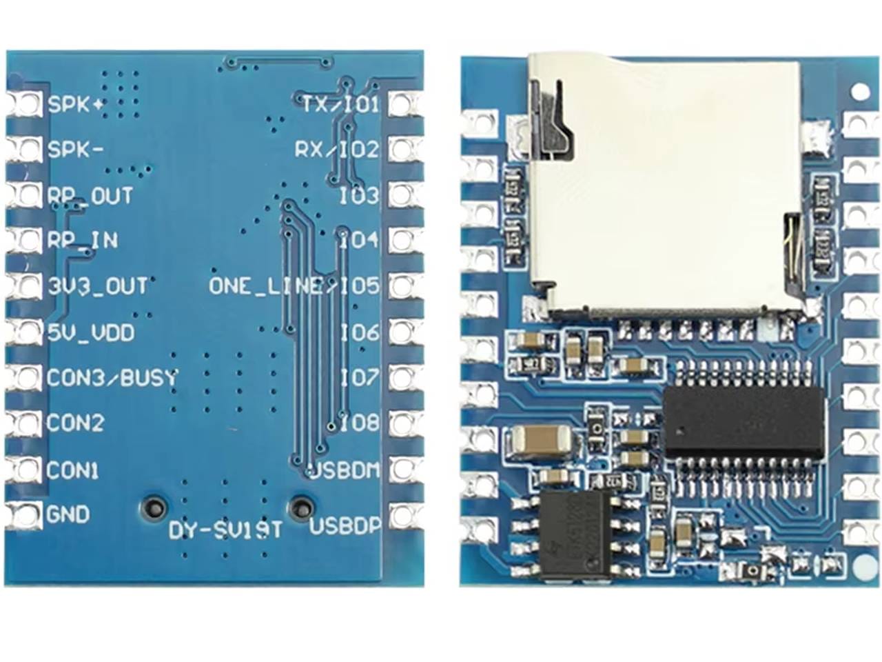 Egy DY-SV19T MP3 lejátszó modul TF kártya nyílással és 5W-os erősítővel, mikrokontrolleres hangvezérléshez, például Arduino projektekhez.