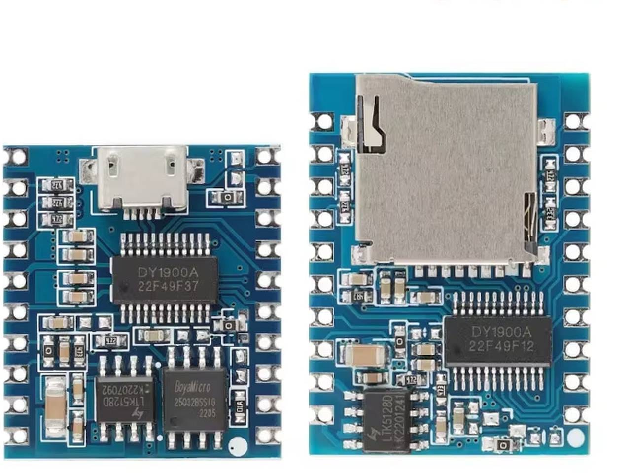 Egy DY-SV19T MP3 lejátszó modul TF kártya nyílással és 5W-os erősítővel, mikrokontrolleres hangvezérléshez, például Arduino projektekhez.