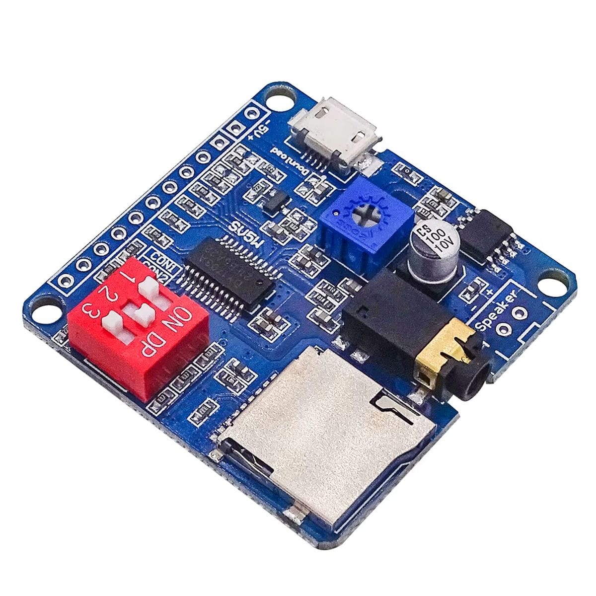 DY-SV5W MP3/WAV hangvisszajátszó panel microSD foglalattal, 5 W-os erősítő áramkörrel, DIP módválasztóval, hangerőtrimmerrel, microUSB és jack csatlakozóval, Arduino vezérlésű hangjelzésekhez valamint interaktív mikrokontrolleres alkalmazásokhoz egyaránt.