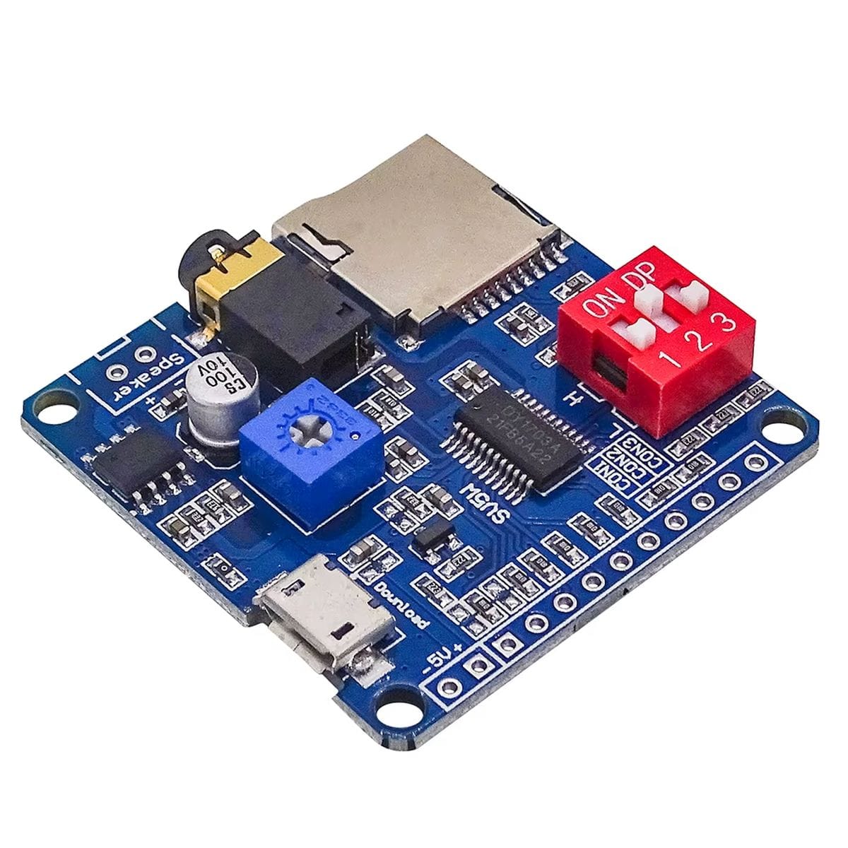 Közelről bemutatott DY-SV5W MP3 lejátszó modul microSD kártyafoglalattal, beépített hangerőállítással, DIP kapcsolóval, microUSB csatlakozóval, audio kimenettel és sorkiosztásos bekötési pontokkal 5 V-os Arduino vagy ESP hangprojektekhez.