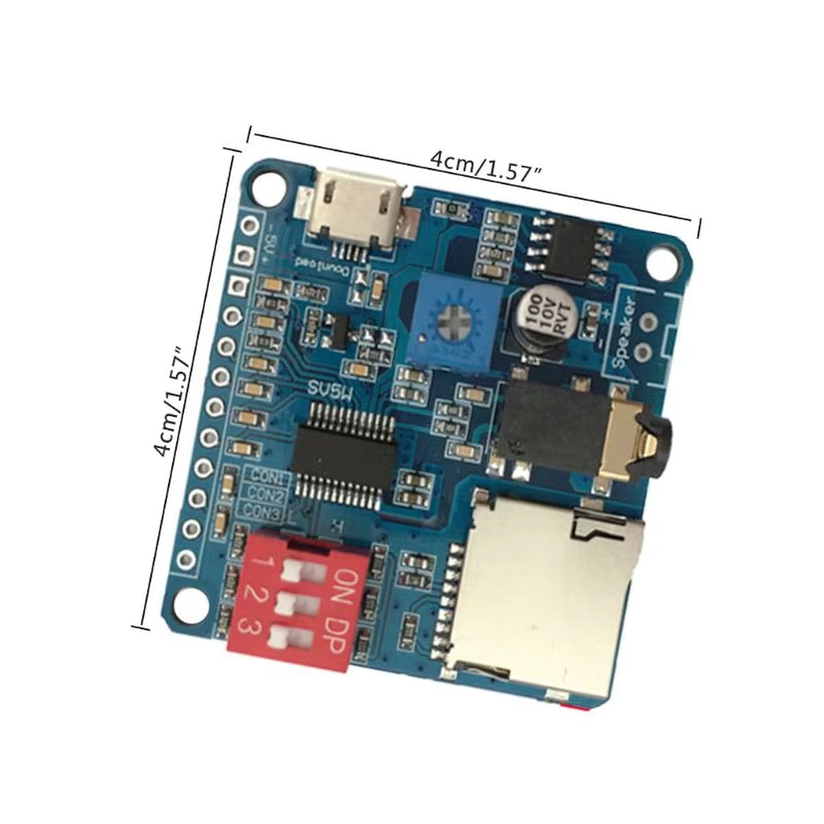 DY-SV5W MP3 lejátszó és erősítő modul microSD foglalattal, DIP kapcsolóval, hangerőállító trimmerrel, microUSB és jack csatlakozóval, mikrokontrolleres hangvezérléshez kialakított bekötési pontokkal és közvetlen hangszórócsatlakoztatási lehetőséggel.