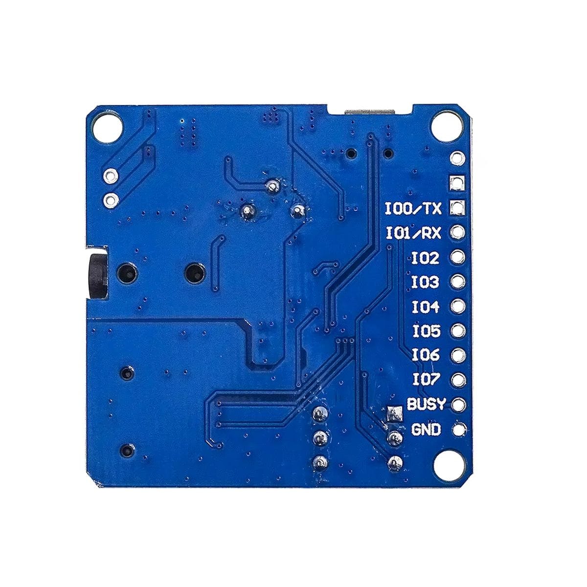 Kék DY-SV5W audiolejátszó panel microSD kártyahellyel, beépített erősítővel, hangerőszabályzóval, módválasztó DIP kapcsolóval, audio aljzattal és soros mikrokontrolleres vezérléshez használható csatlakozási pontokkal, hangjelzések és beszéd lejátszásához.