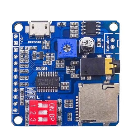 DY-SV5W microSD MP3 modul kék nyomtatott áramköri lapon, jack csatlakozóval, microUSB aljzattal, hangerőtrimmerrel, DIP módválasztóval és több vezérlési bekötéssel Arduino alapú hangos visszajelző rendszerekhez.