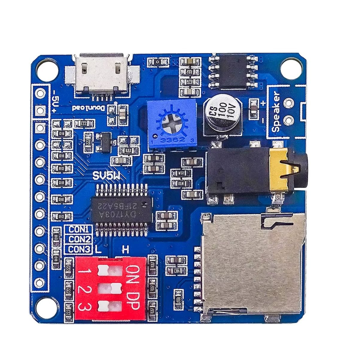 DY-SV5W microSD MP3 modul kék nyomtatott áramköri lapon, jack csatlakozóval, microUSB aljzattal, hangerőtrimmerrel, DIP módválasztóval és több vezérlési bekötéssel Arduino alapú hangos visszajelző rendszerekhez.