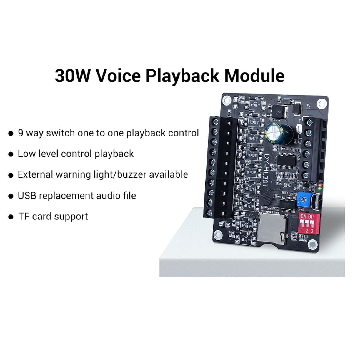 DY-HL30T 30 W hangmodul bemutatóábrán, 9 way switch vezérléssel, külső fény vagy zümmer kimenettel, USB és TF lehetőséggel, MP3 hangüzenetek automatikus lejátszásához szerviz- és prototípusmunkához is használható.