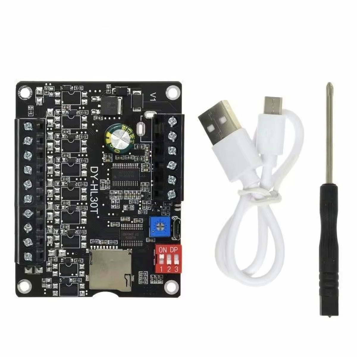 DY-HL30T MP3 modul angol módlistával, 9 kapcsolós vezérlési példával, DIP beállításokkal, TF kártyahellyel és micro USB csatlakozóval, automatizált hangminták indításának megértéséhez műhelymunkában és tesztelésnél.