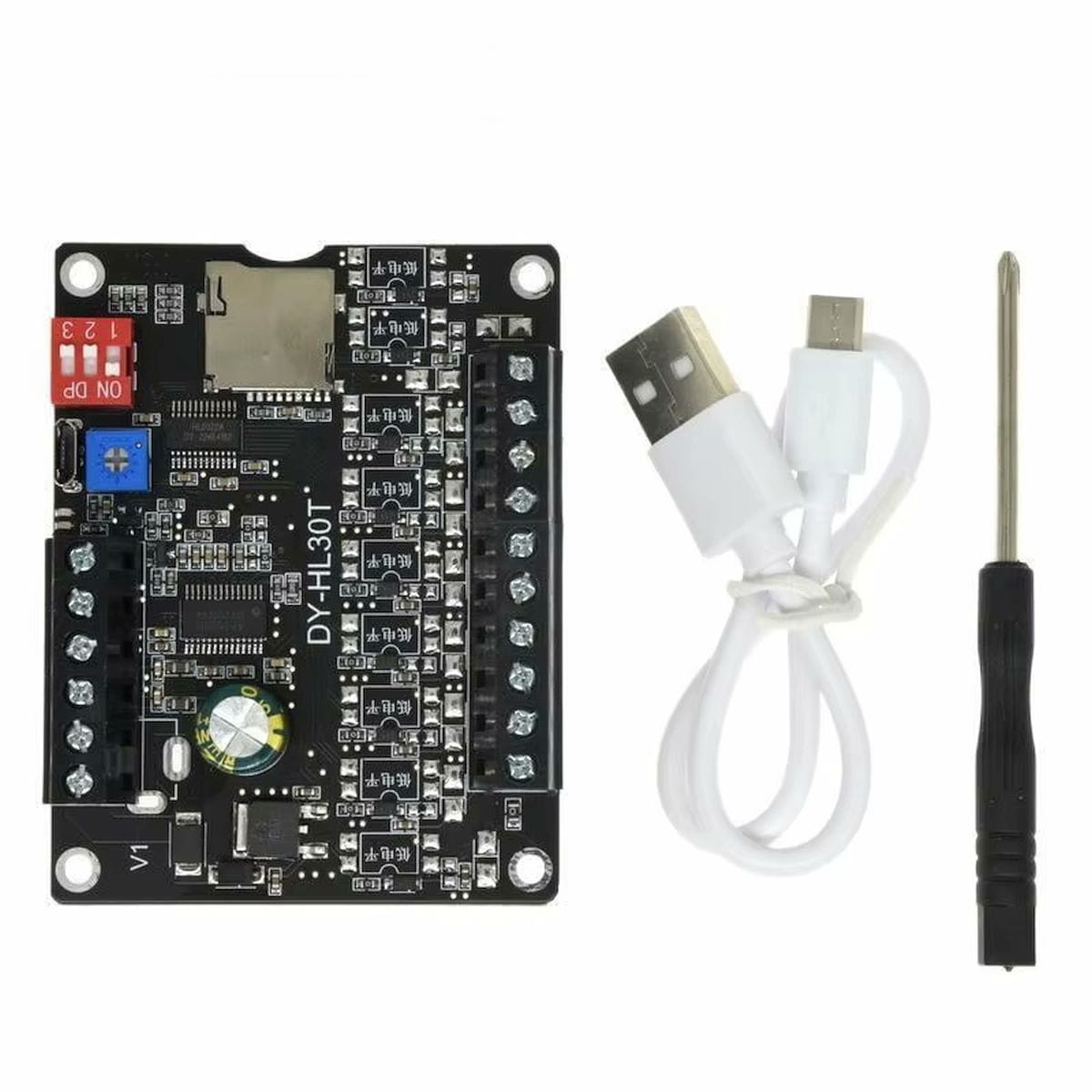 DY-HL30T 30 W hangmodul címkézett csatlakozókkal, kapcsolóbemenetekkel, TF kártyanyílással, USB letöltéssel és 4–8 ohmos hangszóró-kimenettel automatizált hangjelzésekhez, nyomógombos vagy szenzoros indítású rendszerekben műhelyi teszteléshez és beépítéshez.