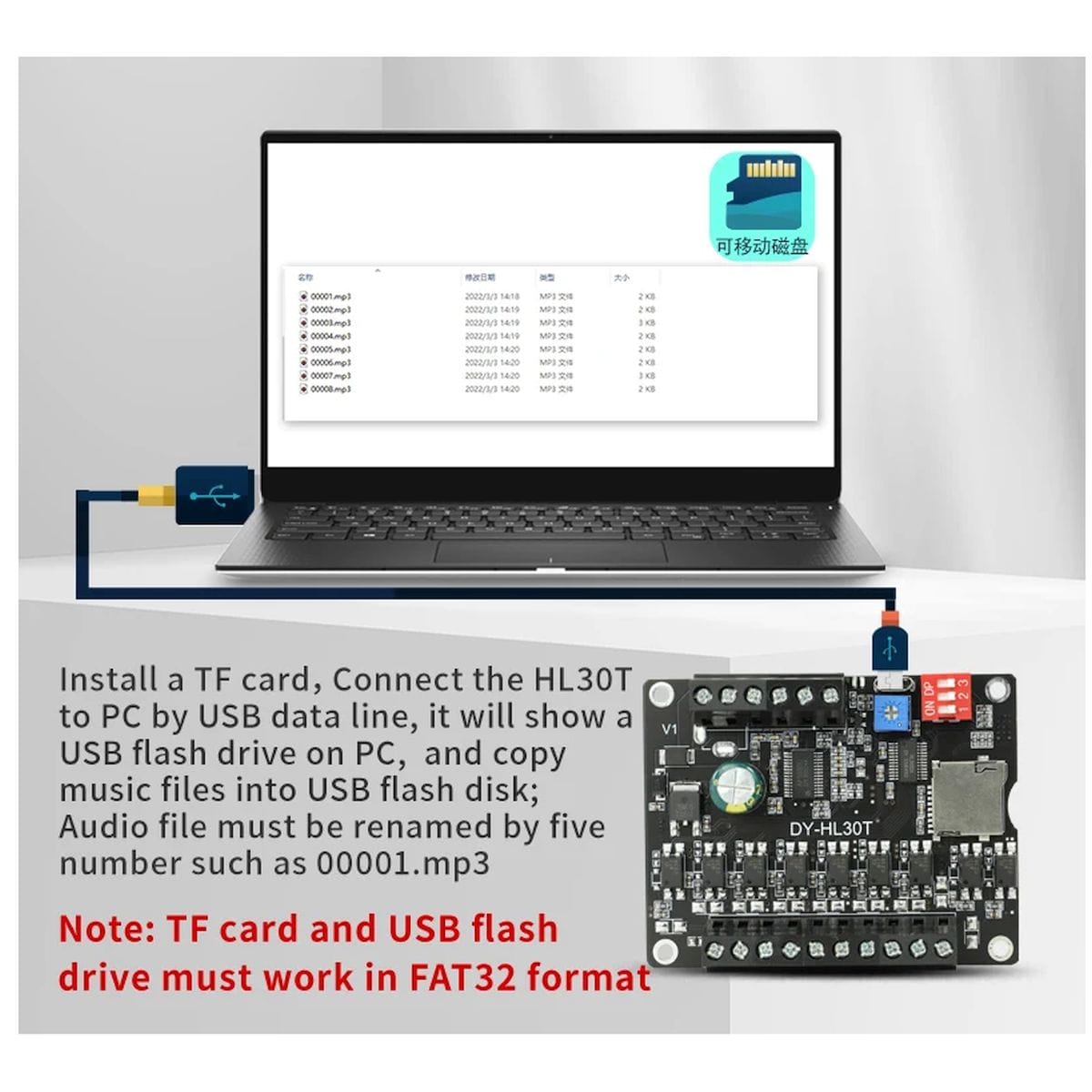 MP3/WAV hangmodul bekötési rajzzal, 9–24 voltos tápbemenettel, hangszóró- és fénykimenettel, DIP kapcsolóval, hangerőtrimmerrel és 9 csatornás triggerpontokkal, automatizált jelzések és hangüzenetek vezérléséhez fejlesztői próbák során.