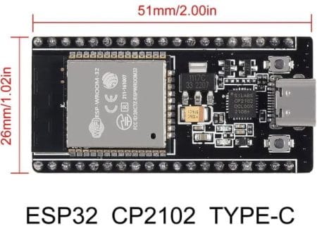 Egy ESP32-WROOM-32D fejlesztőpanel 38 tűs kivezetéssel, USB-C csatlakozóval és CP2102 soros-USB átalakítóval, IoT és Arduino kompatibilitással.