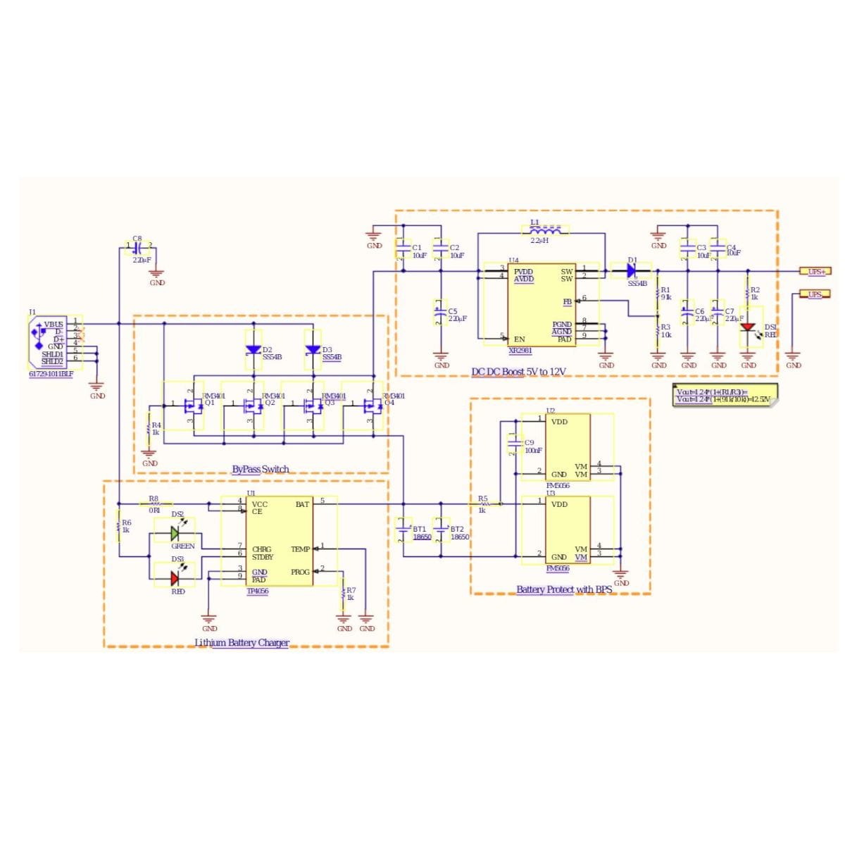 LX2-BUPS-12V UPS modul zöld nyomtatott áramköri lapon, fekete kétcellás 18650 tartóval, USB-C bemenettel, tekercsekkel és 12 voltos kimeneti csatlakozási pontokkal, kisfogyasztású eszközök szünetmentes táplálásához műhelyprojektekben.