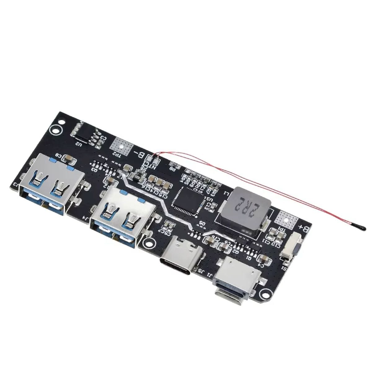 PWRMOD-QC4 18650 powerbank modul több USB porttal, 5, 9 és 12 V-os kimeneti lehetőséggel, lítium akkumulátoros műhelyprojektek és hordozható tápegységek építéséhez.