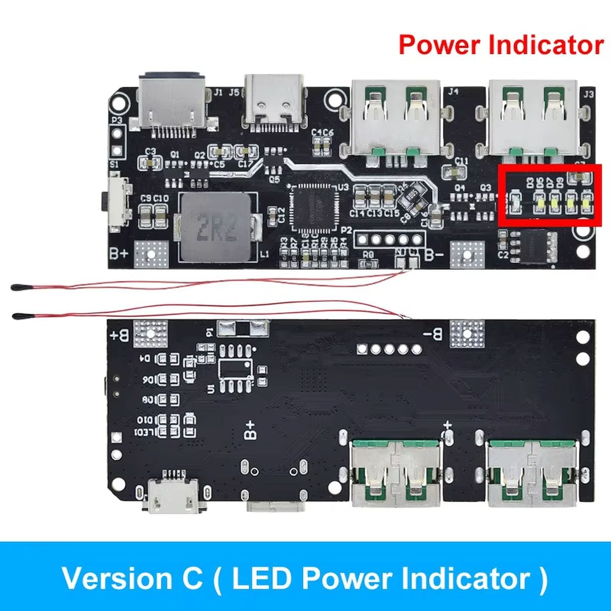 PWRMOD-QC4 USB powerbank modul 4,2 V-os Li-ion cellákhoz, több bemeneti és kimeneti csatlakozóval, gyorstöltési protokollokkal és kis fogyasztású eszközök támogatásával.