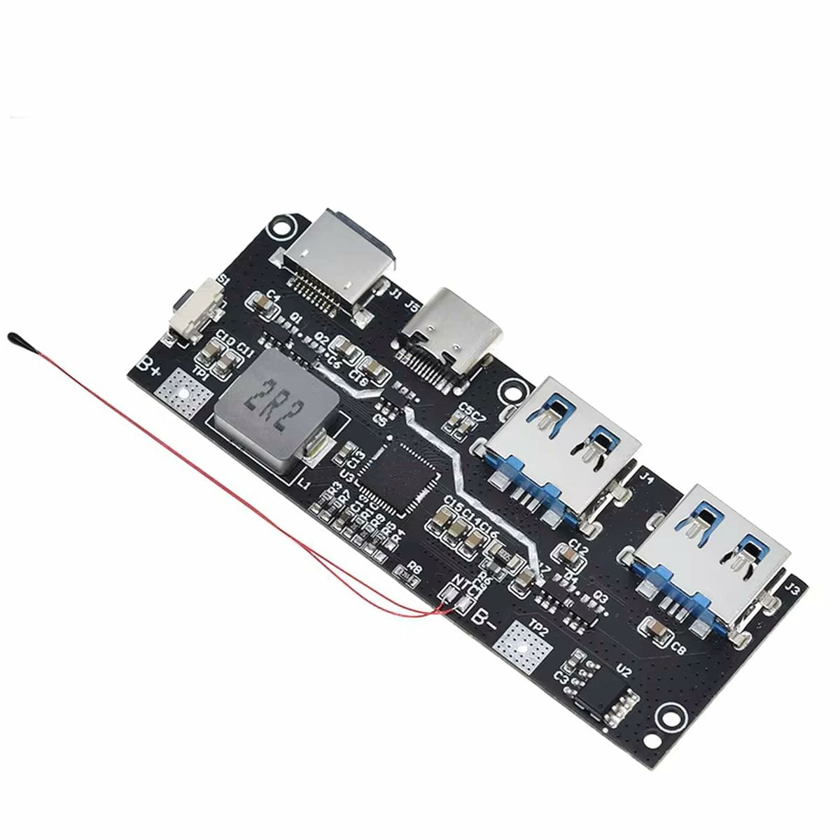 22,5 W-os PWRMOD-QC4 töltő- és boost modul lítiumcellás powerbank építéséhez, USB-A, USB-C, Micro-B és Lightning csatlakozási lehetőségekkel hordozható elektronikai projektekhez.