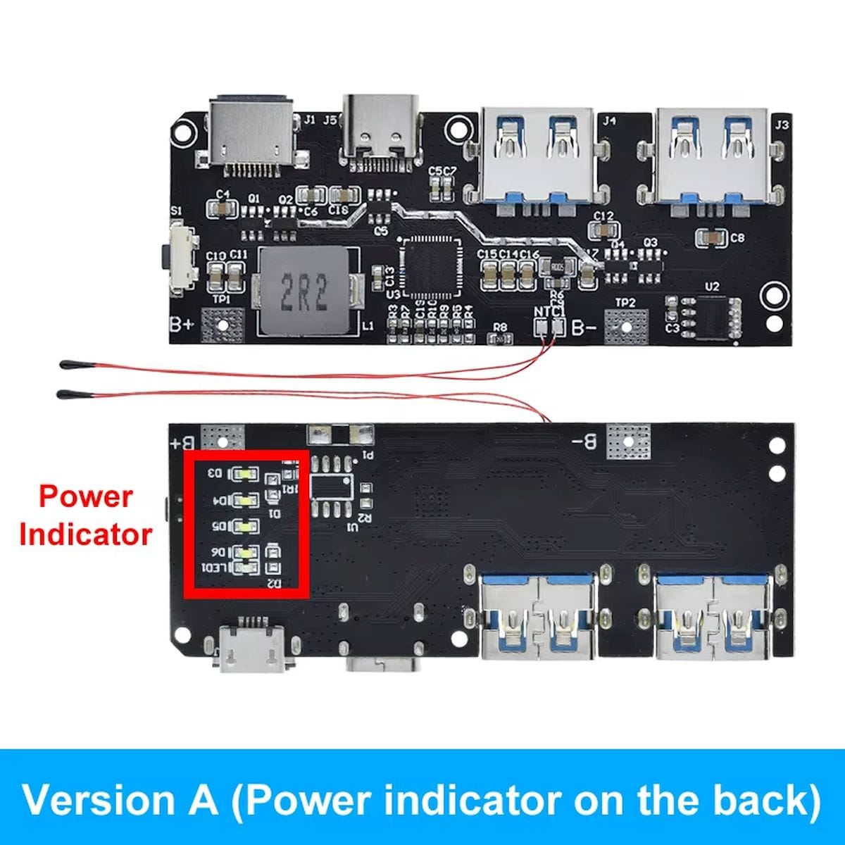 PWRMOD-QC4 22,5 W-os powerbank modul USB csatlakozókkal és hátoldali LED-es töltöttségjelzővel, saját építésű 18650 Li-ion akkumulátoros hordozható tápegységhez.
