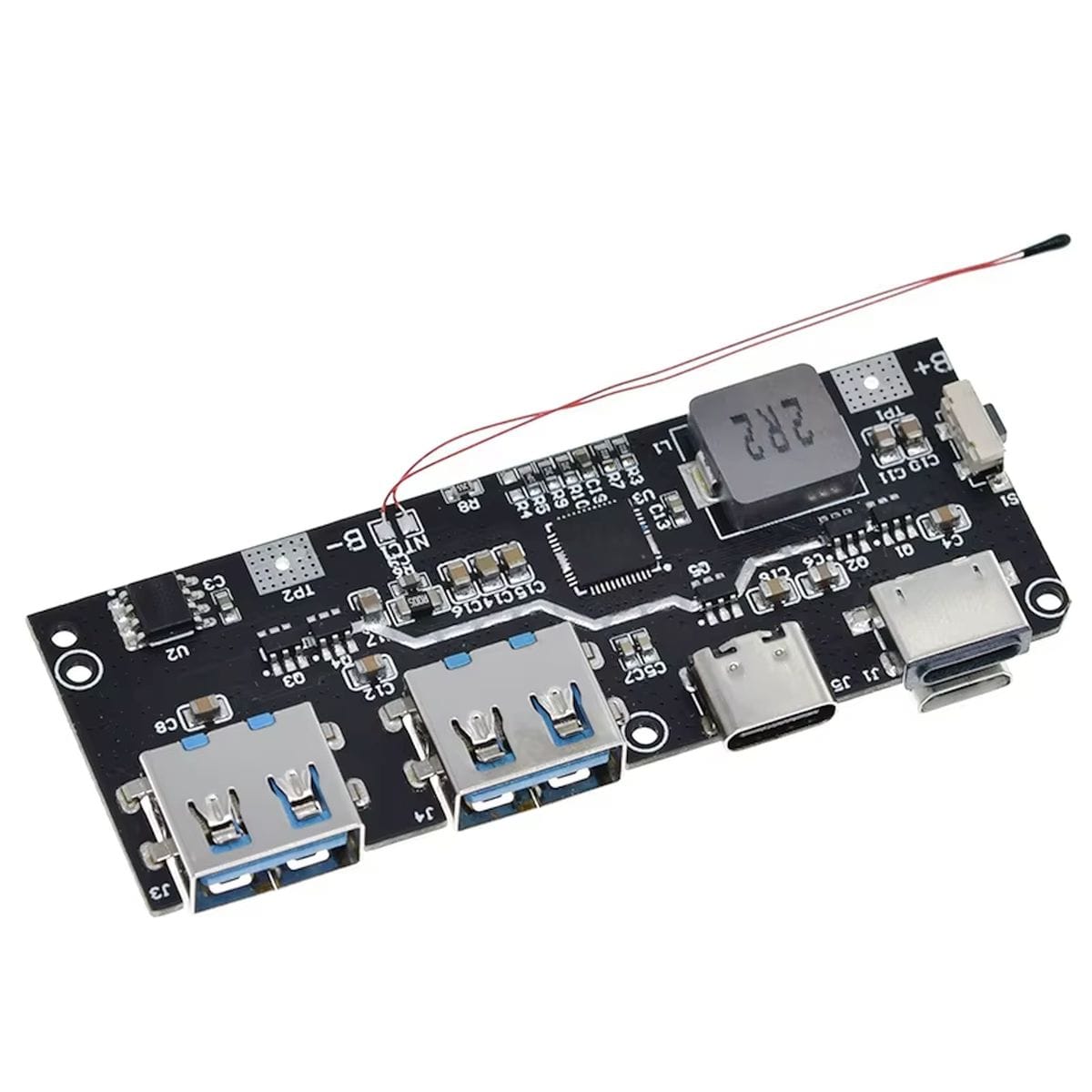 Ötcsatlakozós PWRMOD-QC4 powerbank elektronika 18650 Li-ion akkumulátorhoz, többféle USB töltési lehetőséggel, boost átalakítással és legfeljebb 22,5 W kimeneti teljesítménnyel.