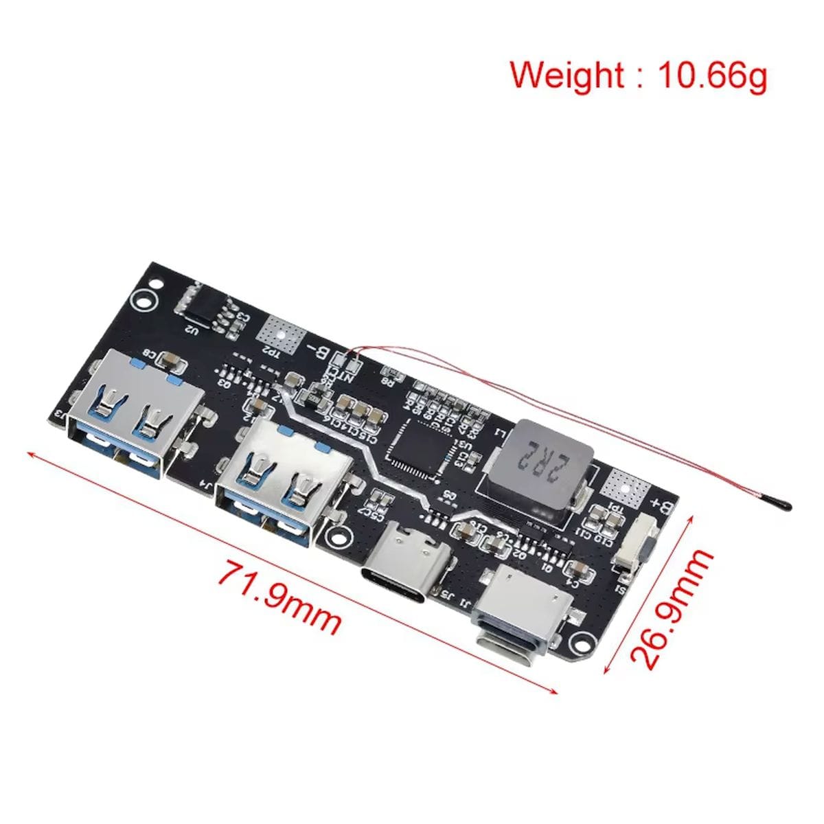 22,5 W-os PWRMOD-QC4 lítiumakkumulátoros powerbank modul több USB csatlakozóval, gyorstöltési protokollokkal és hordozható 5, 9 vagy 12 V-os tápellátás kialakításához.