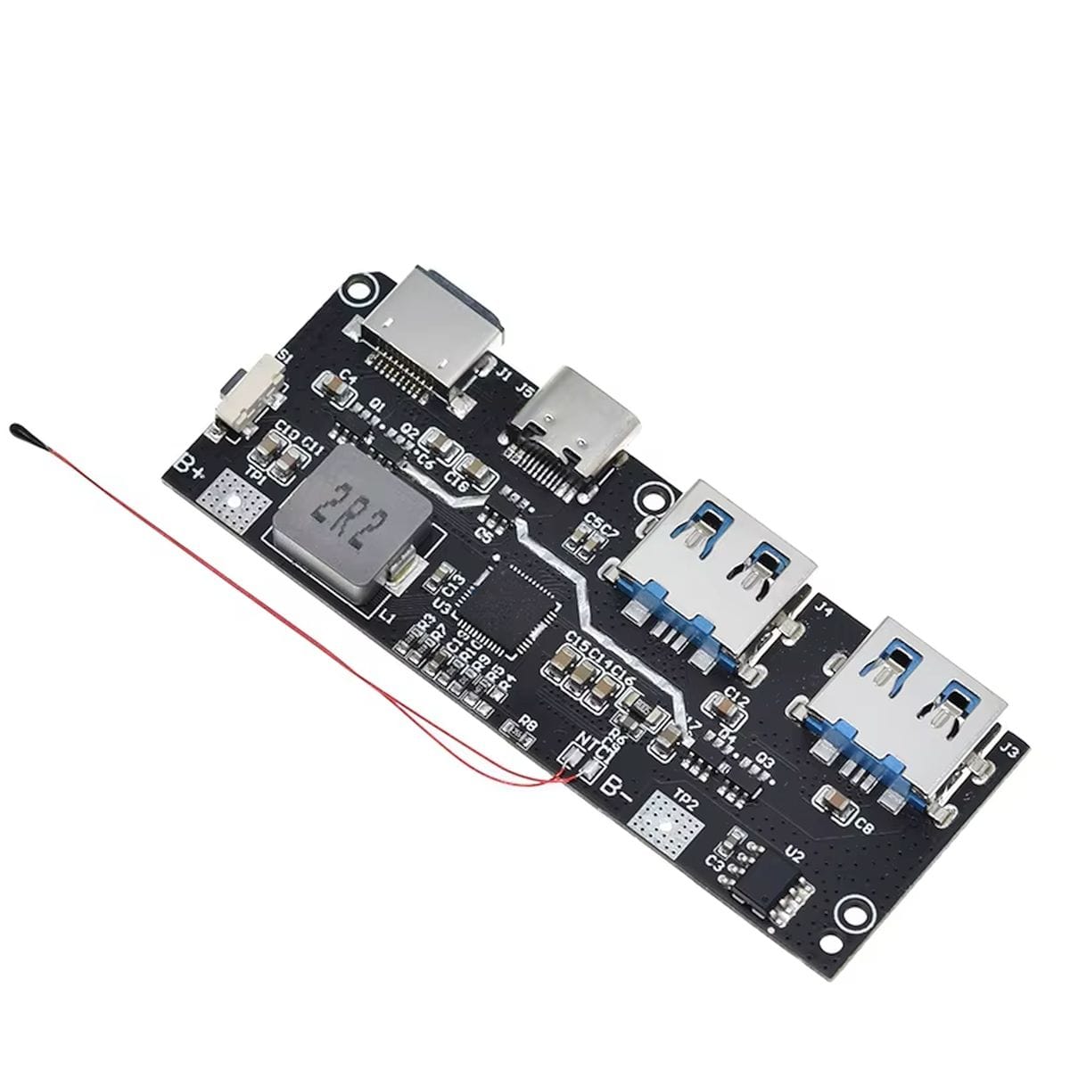 Ötcsatlakozós PWRMOD-QC4 powerbank elektronika 18650 Li-ion cellához, USB gyorstöltési támogatással, két USB-A kimenettel és többféle akkumulátortöltő bemeneti csatlakozással.