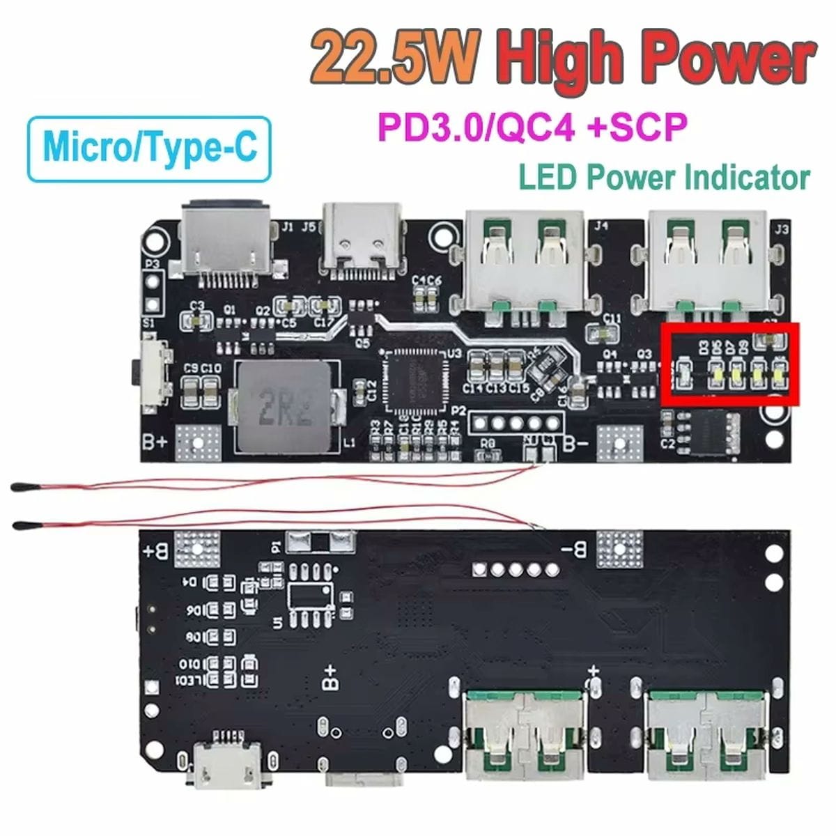 PWRMOD-QC4 powerbank vezérlőmodul előlapi LED-es töltöttségjelzővel, USB-A és USB-C csatlakozókkal, 4,2 V-os lítium akkumulátoros hordozható tápegység építéséhez.