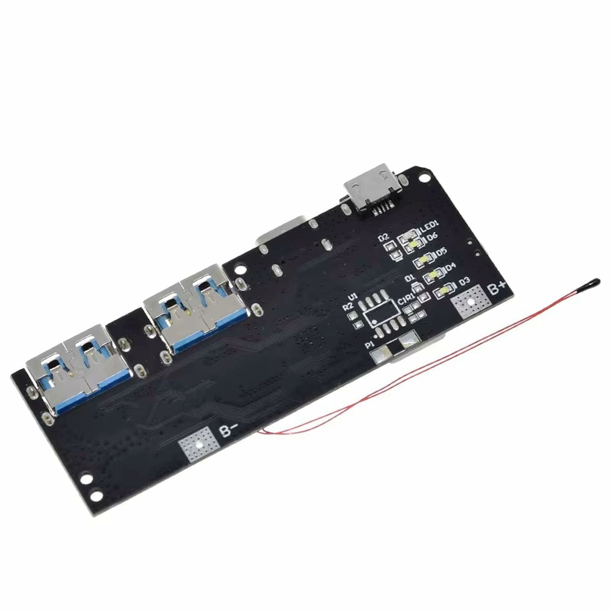 Ötportos PWRMOD-QC4 powerbank elektronika 18650 akkumulátorhoz, USB-C és USB-A csatlakozókkal, hátoldalon elhelyezett LED-es töltöttség-visszajelzéssel és 22,5 W teljesítménnyel.