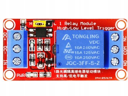 Egy piros, 1-csatornás, optocsatolt relé-modul 5 V tápfeszültséggel, állítható polaritású vezérléssel, mikrokontrolleres vezérléshez tervezve